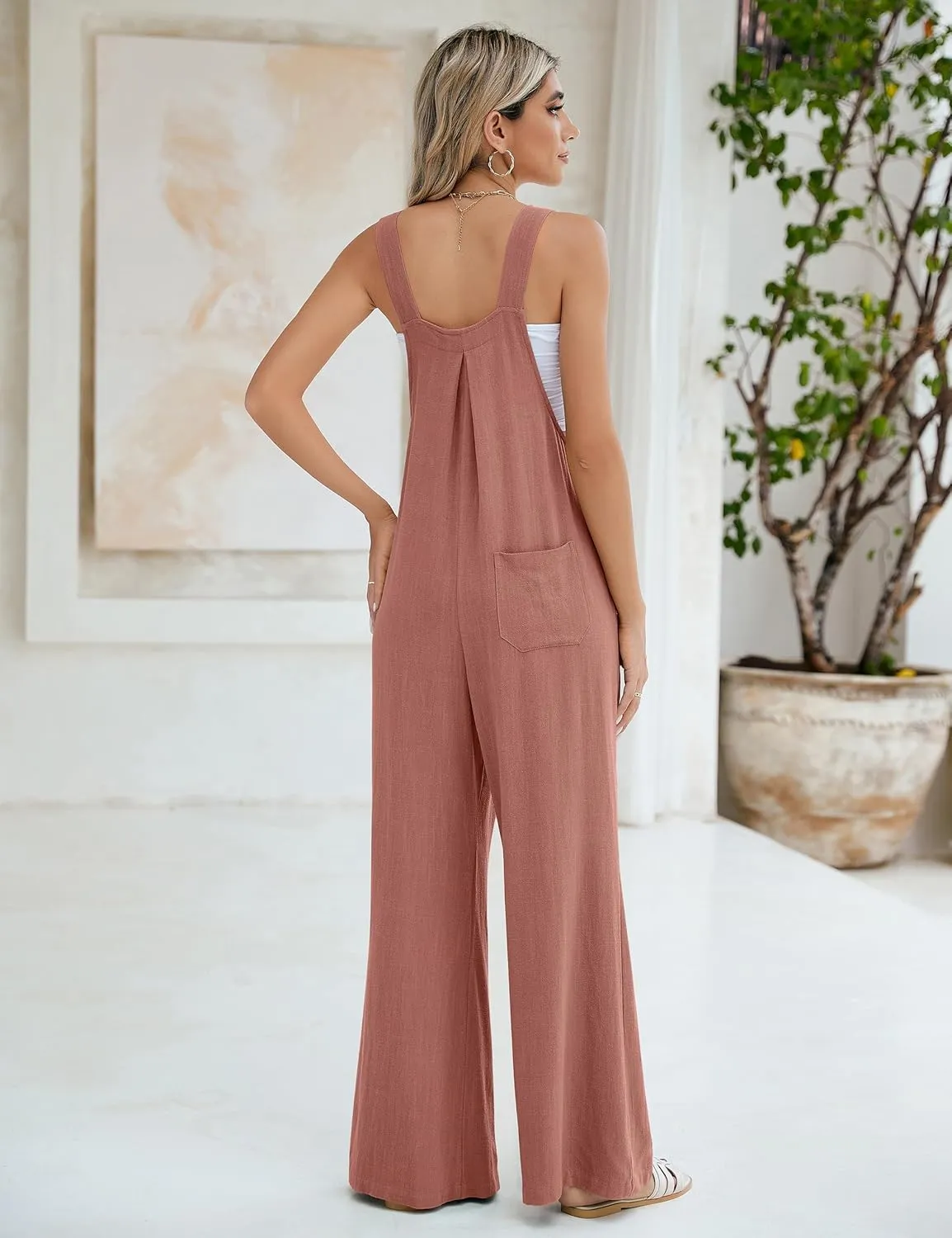 Blooming Jelly Womens Wide Leg Casual Jumpsuits Linen Loose Fit Overalls Flowy Sleeveless Bib Outfits