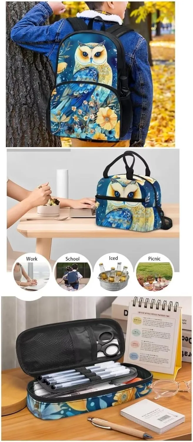 Blue Floral Owl Backpack with Lunch Box and Pencil Case Girls Comfy Padded Cute School Backpack Set of 3 Bookbag for Student Lightweight Large Capacity Daypack