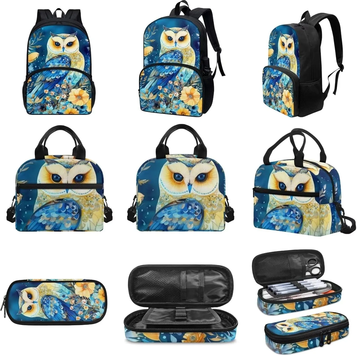 Blue Floral Owl Backpack with Lunch Box and Pencil Case Girls Comfy Padded Cute School Backpack Set of 3 Bookbag for Student Lightweight Large Capacity Daypack