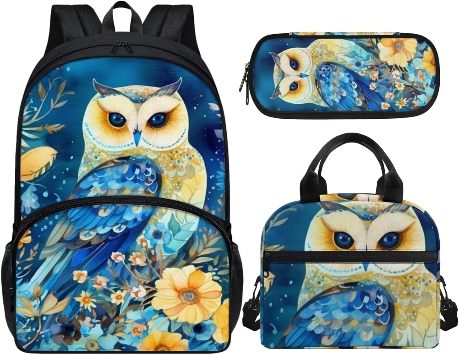 Blue Floral Owl Backpack with Lunch Box and Pencil Case Girls Comfy Padded Cute School Backpack Set of 3 Bookbag for Student Lightweight Large Capacity Daypack