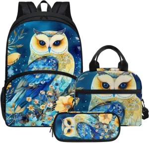 Blue Floral Owl Backpack with Lunch Box and Pencil Case Girls Comfy Padded Cute School Backpack Set of 3 Bookbag for Student Lightweight Large Capacity Daypack