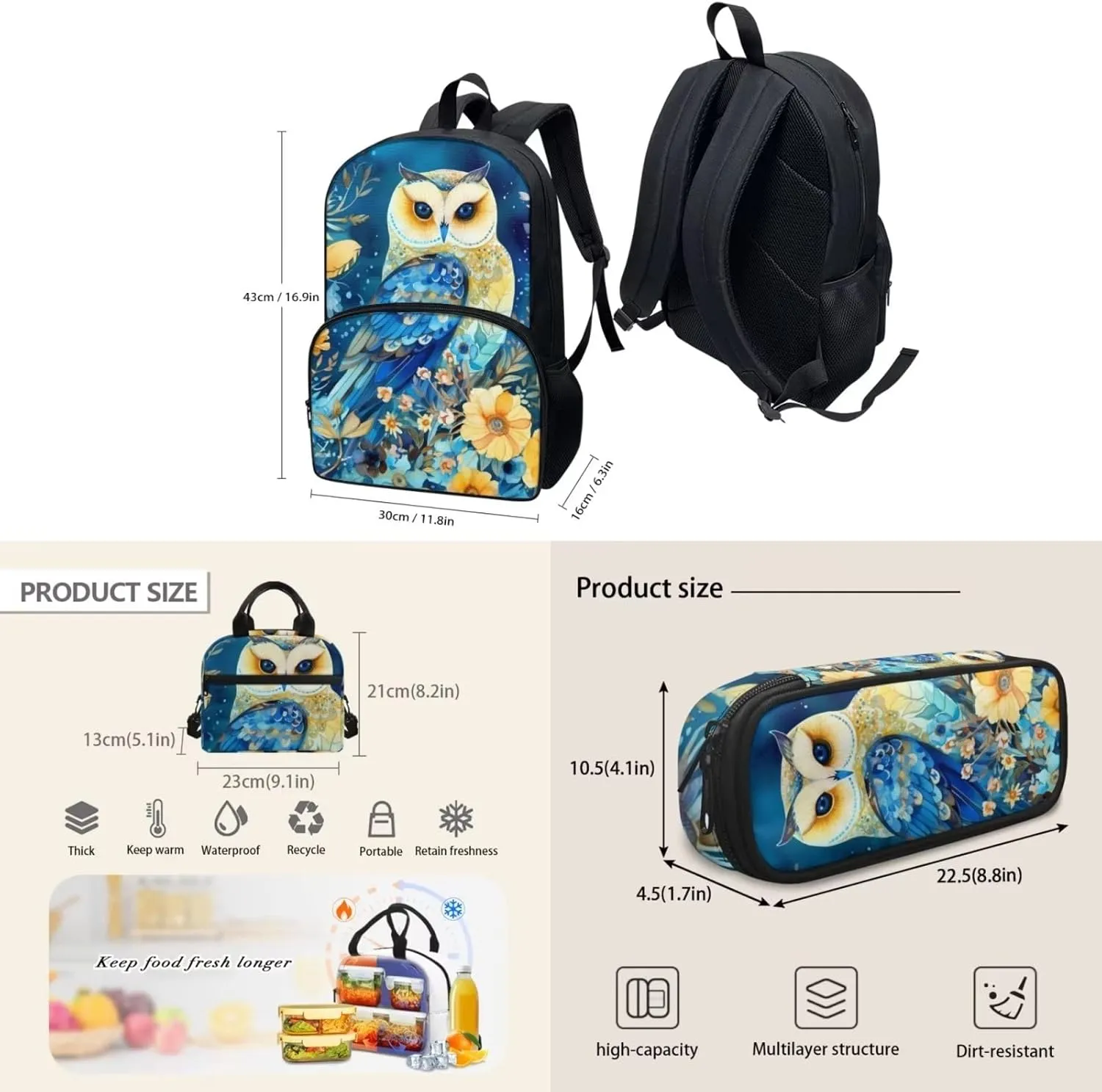 Blue Floral Owl Backpack with Lunch Box and Pencil Case Girls Comfy Padded Cute School Backpack Set of 3 Bookbag for Student Lightweight Large Capacity Daypack