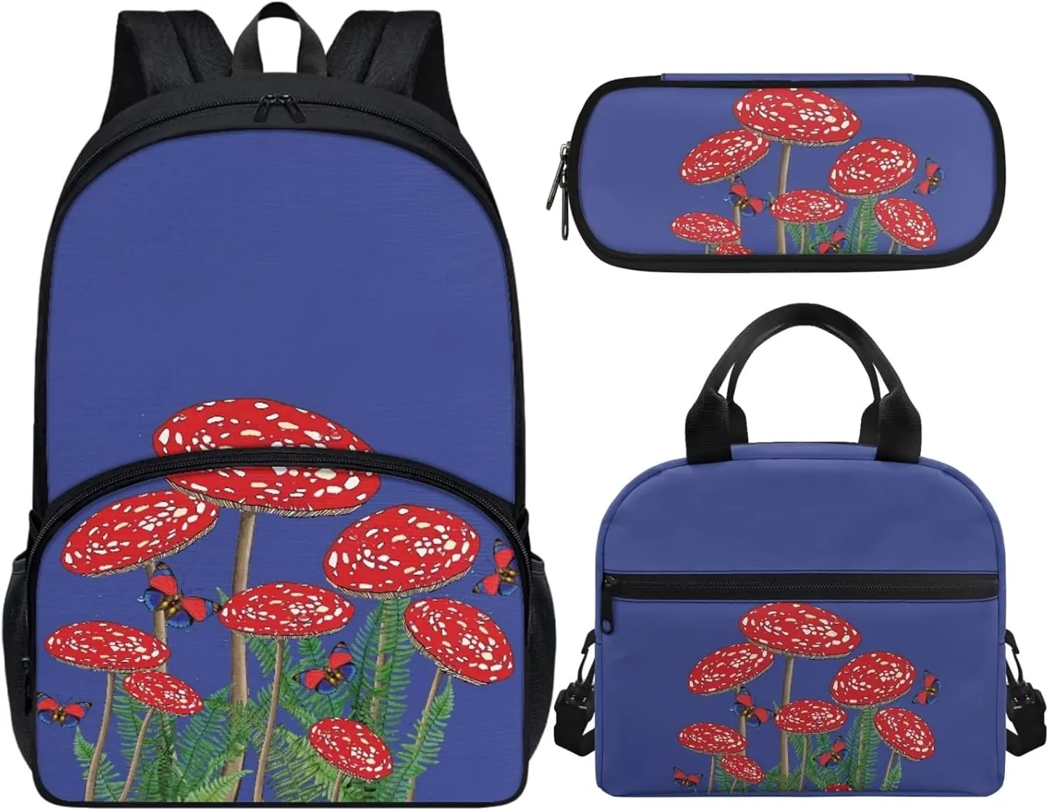 Blue Mushroom Backpack with Lunch Box and Pencil Case Girls Comfy Padded Cute School Backpack Set of 3 Bookbag for Student Lightweight Large Capacity Daypack