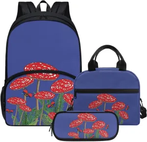 Blue Mushroom Backpack with Lunch Box and Pencil Case Girls Comfy Padded Cute School Backpack Set of 3 Bookbag for Student Lightweight Large Capacity Daypack