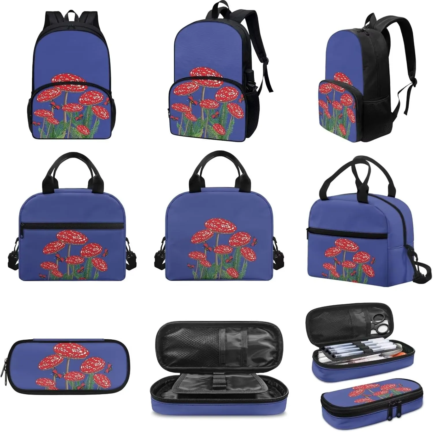 Blue Mushroom Backpack with Lunch Box and Pencil Case Girls Comfy Padded Cute School Backpack Set of 3 Bookbag for Student Lightweight Large Capacity Daypack