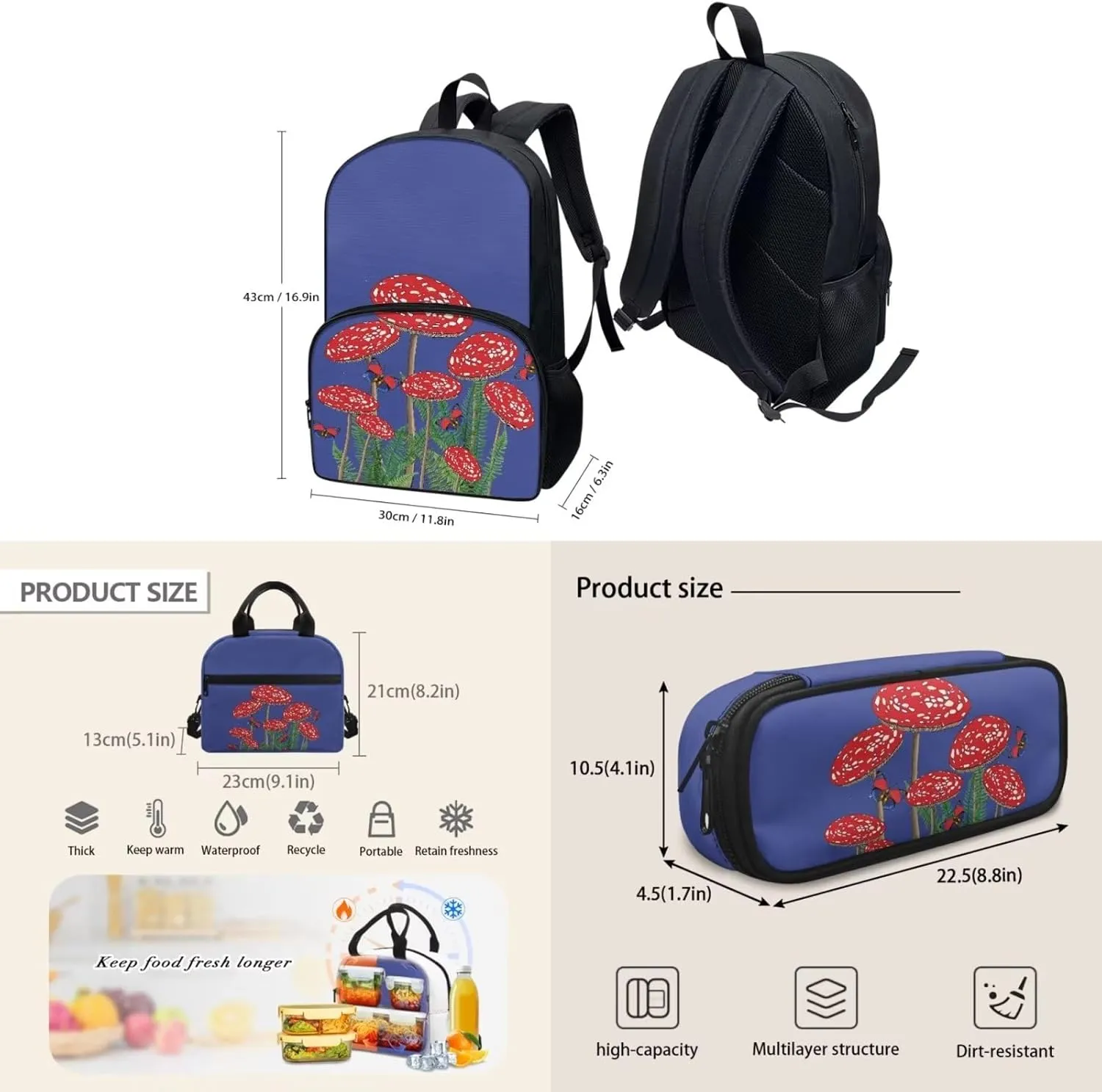 Blue Mushroom Backpack with Lunch Box and Pencil Case Girls Comfy Padded Cute School Backpack Set of 3 Bookbag for Student Lightweight Large Capacity Daypack
