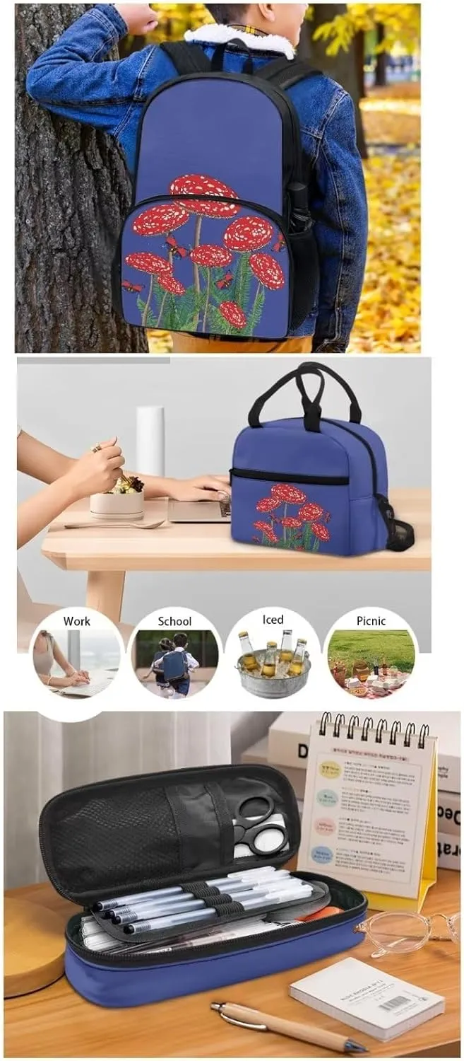 Blue Mushroom Backpack with Lunch Box and Pencil Case Girls Comfy Padded Cute School Backpack Set of 3 Bookbag for Student Lightweight Large Capacity Daypack