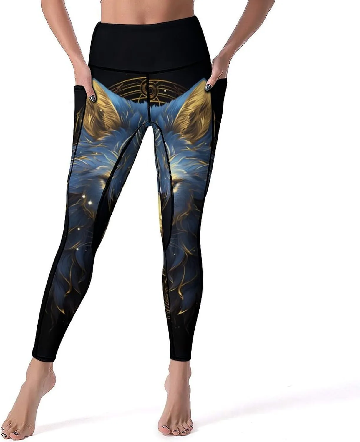 Blue Wolf with Tattoos Women's Yoga Pants Leggings with Pockets High Waist Compression Workout Pants