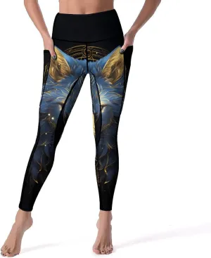 Blue Wolf with Tattoos Women's Yoga Pants Leggings with Pockets High Waist Compression Workout Pants
