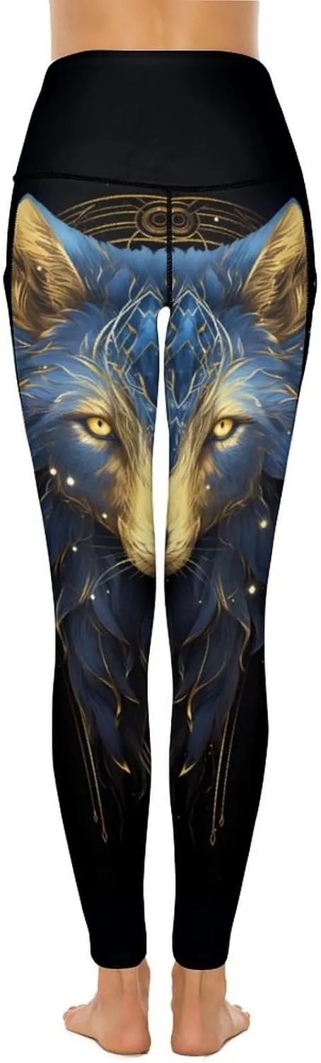 Blue Wolf with Tattoos Women's Yoga Pants Leggings with Pockets High Waist Compression Workout Pants