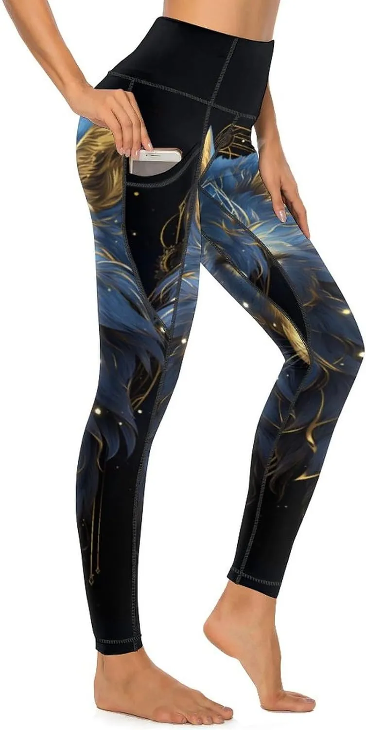 Blue Wolf with Tattoos Women's Yoga Pants Leggings with Pockets High Waist Compression Workout Pants