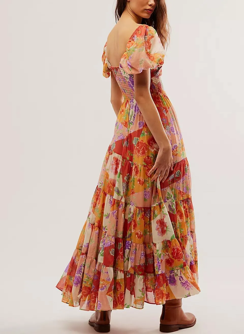 Boho Floral Puff Sleeve Dresses for Women 2024 Y2k Embroidered Flowy Smocked Maxi Dress Square Neck Beach Sundress