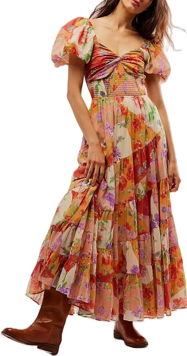 Boho Floral Puff Sleeve Dresses for Women 2024 Y2k Embroidered Flowy Smocked Maxi Dress Square Neck Beach Sundress