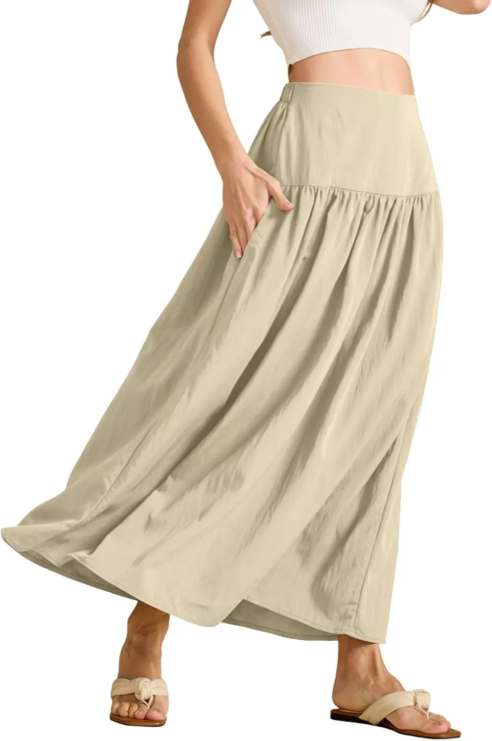 Boho Maxi Skirts for Women Casual High Waisted Swing Flowy Pleated Long Skirt with Pocket