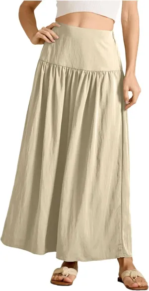 Boho Maxi Skirts for Women Casual High Waisted Swing Flowy Pleated Long Skirt with Pocket