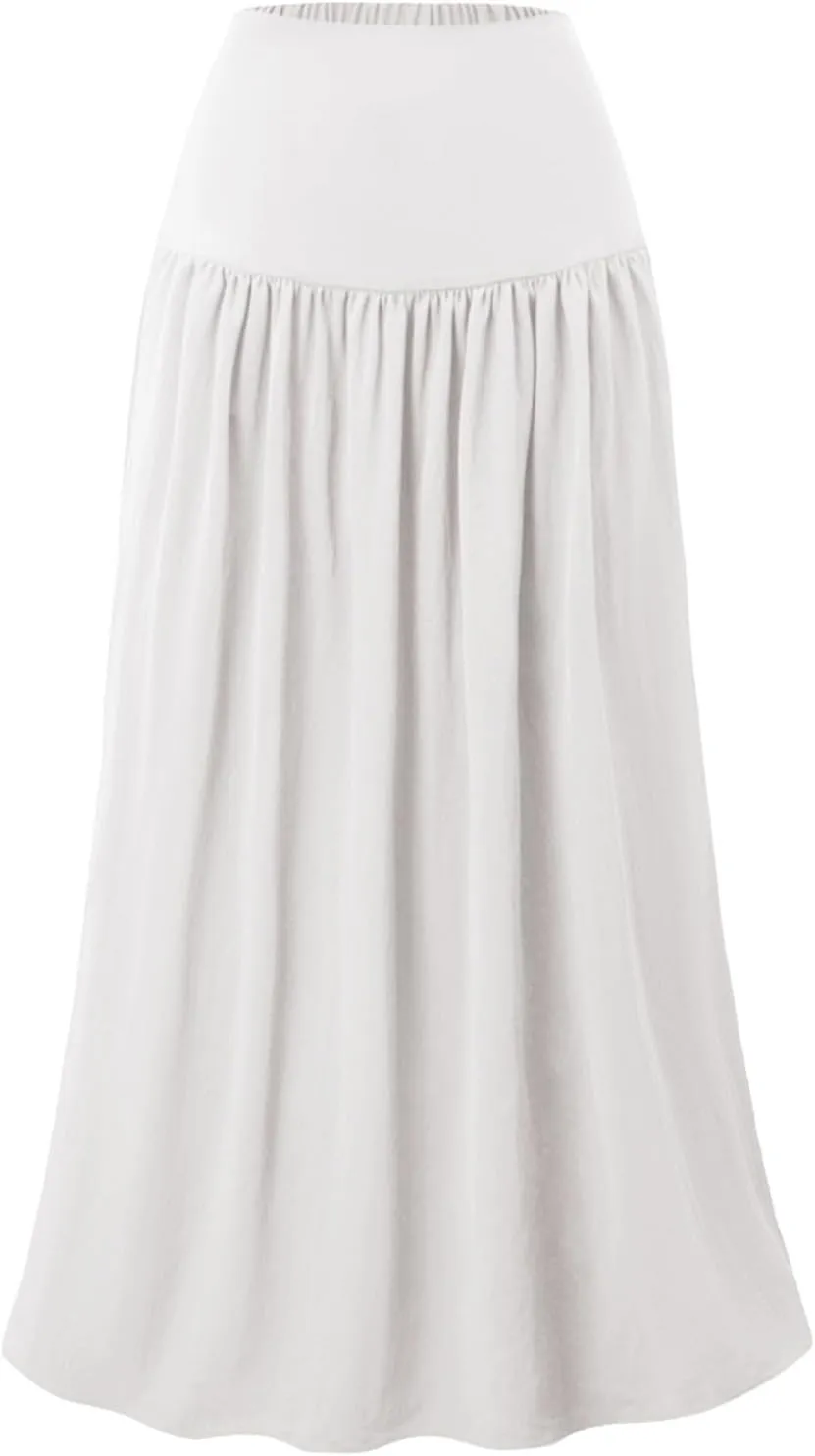 Boho Maxi Skirts for Women Casual High Waisted Swing Flowy Pleated Long Skirt with Pocket