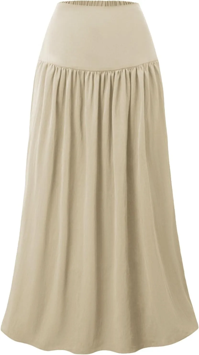Boho Maxi Skirts for Women Casual High Waisted Swing Flowy Pleated Long Skirt with Pocket