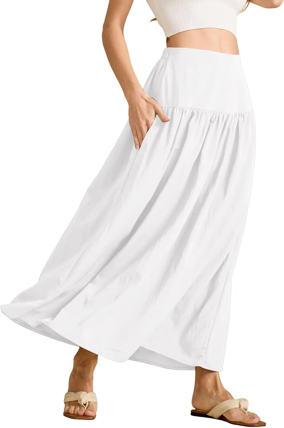 Boho Maxi Skirts for Women Casual High Waisted Swing Flowy Pleated Long Skirt with Pocket