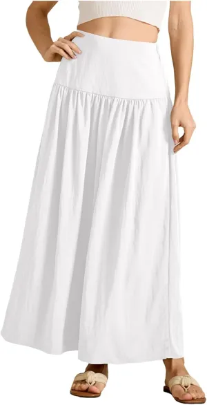 Boho Maxi Skirts for Women Casual High Waisted Swing Flowy Pleated Long Skirt with Pocket
