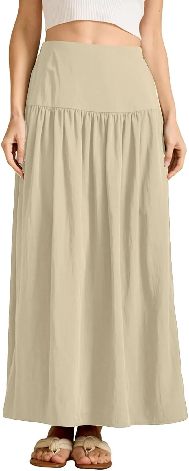 Boho Maxi Skirts for Women Casual High Waisted Swing Flowy Pleated Long Skirt with Pocket