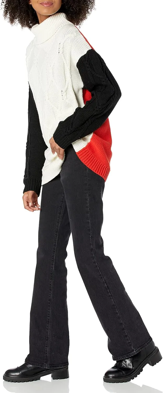 Cable Stitch Women's Cable Turtleneck Sweater - Oversized Colorblock Contrast Long Sleeve Chunky Pullover Knit Top