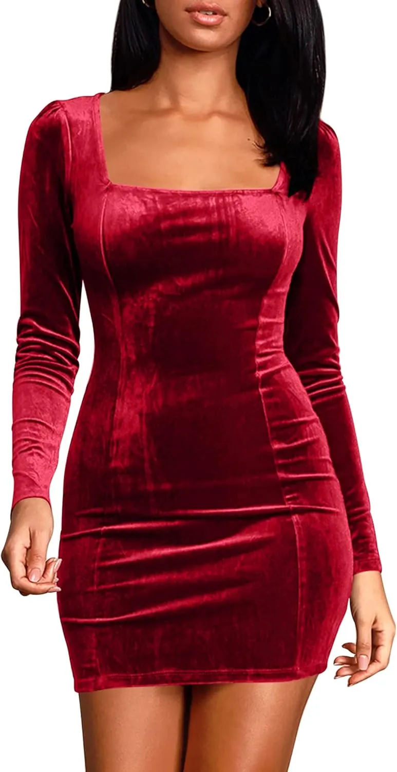 cailami Women's Sexy Bodycon Long Sleeve Velvet Elegant Mini Homecoming Party Dresses
