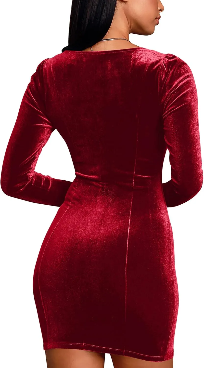 cailami Women's Sexy Bodycon Long Sleeve Velvet Elegant Mini Homecoming Party Dresses