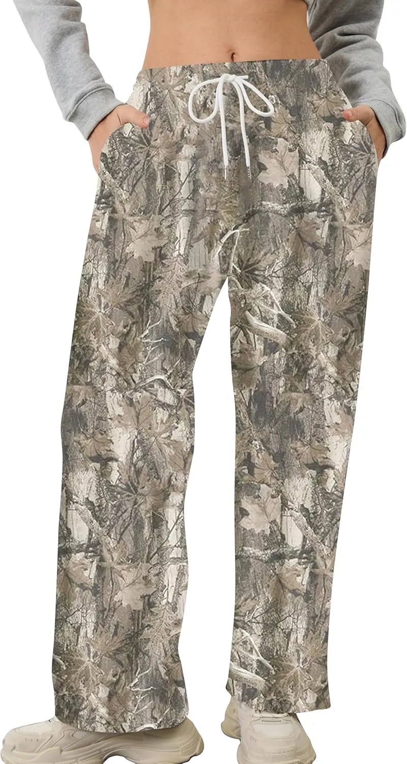 Camo Pants for Women Wide Leg High Waist Drawstring Camo Sweatpants Fleece Baggy Causal Jogger Workout Pants