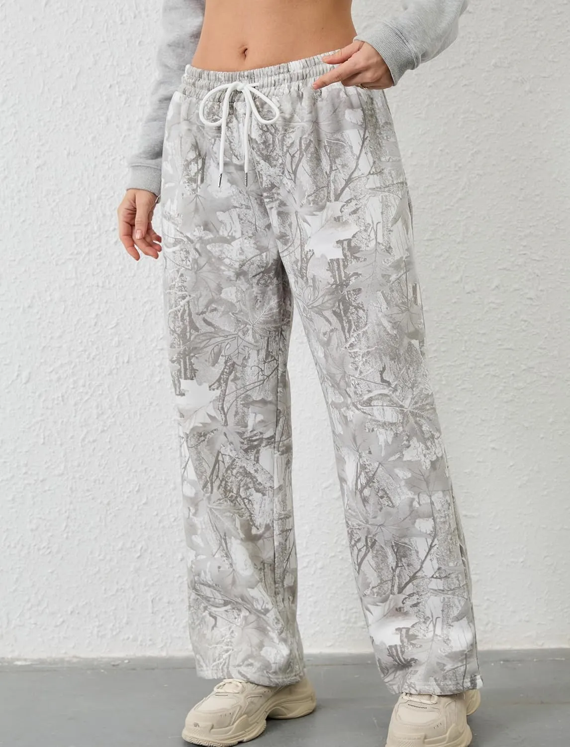 Camo Pants for Women Wide Leg High Waist Drawstring Camo Sweatpants Fleece Baggy Causal Jogger Workout Pants
