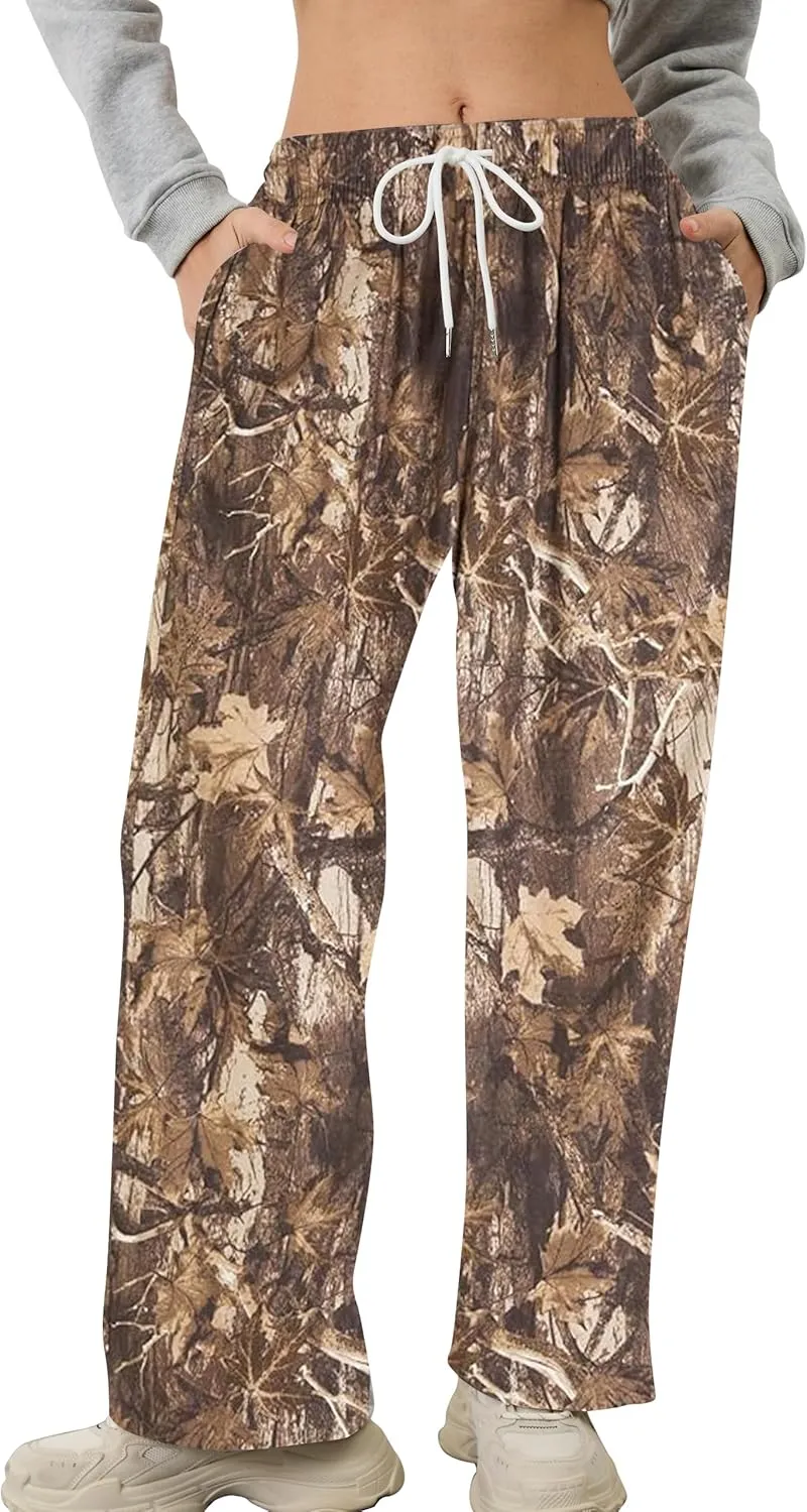Camo Pants for Women Wide Leg High Waist Drawstring Camo Sweatpants Fleece Baggy Causal Jogger Workout Pants