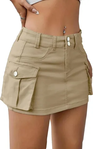 Cargo Skirt Women Mini Skirt Button Skirts for Women Denim Skirt with Low Waist Pocket Jean Skirt