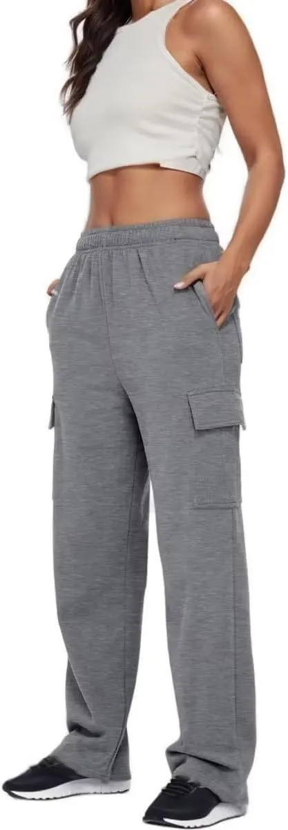 Cargo Sweatpants Women Oversized Wide Leg Fleece Elastic High Waist Lounge Pant Athletic Lounge Trousers with Pockets