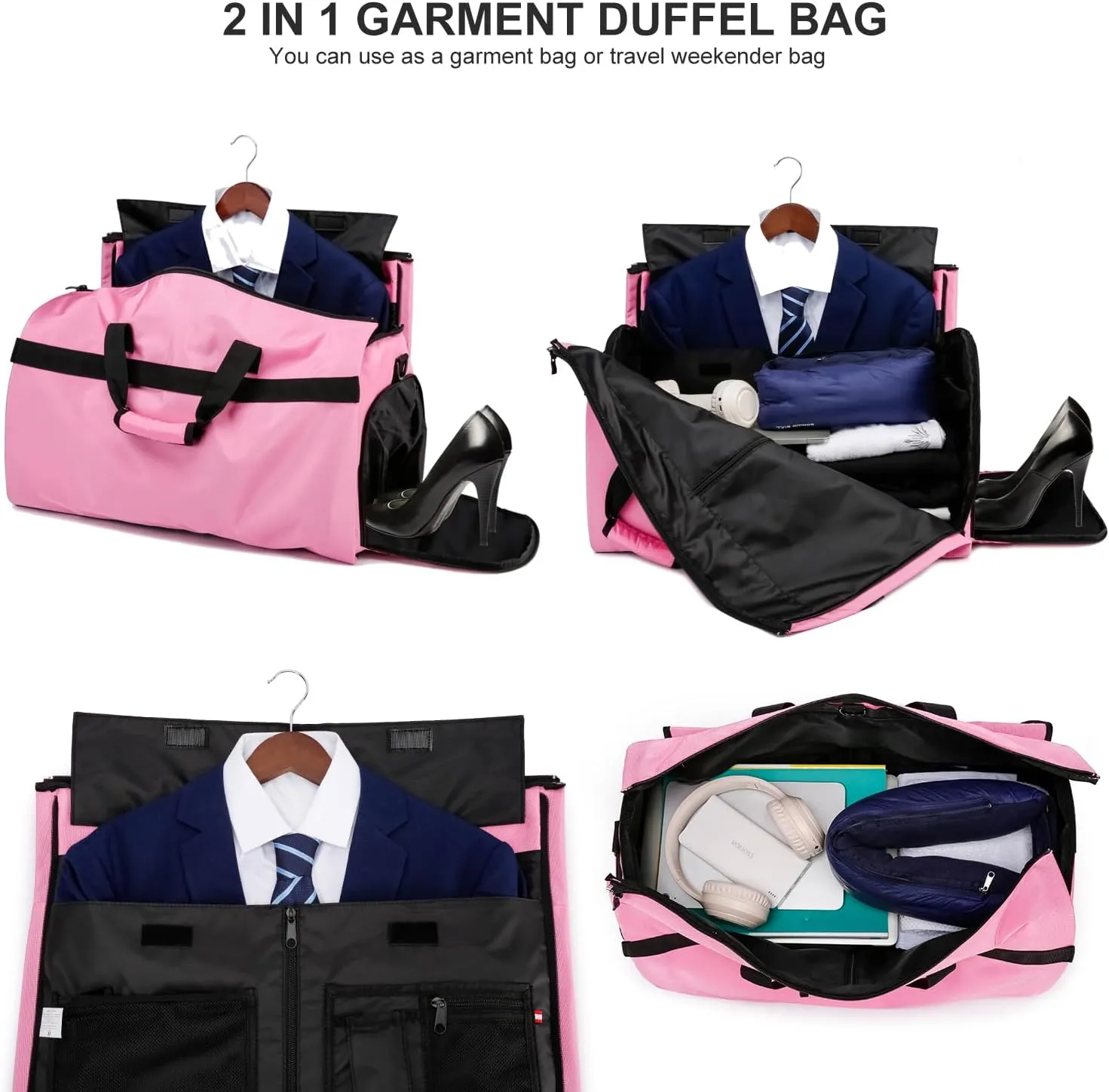Carry On Garment Bag for Women, Durable Garment Duffle Bag for Travel with Shoes Compartment, Convertible & Foldable 2 in 1 Hanging Dress Weekender Suitcase Suit Travel Bag, Gifts for Women, Pink