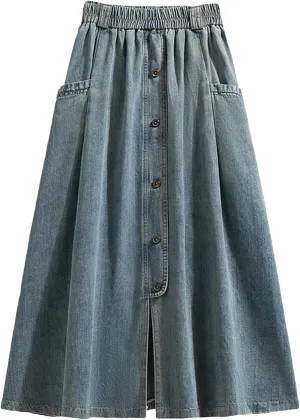 Casual A Line Loose Versatile Pocket Skirts Spring Summer Fashion Button Split Denim Skirt for Women