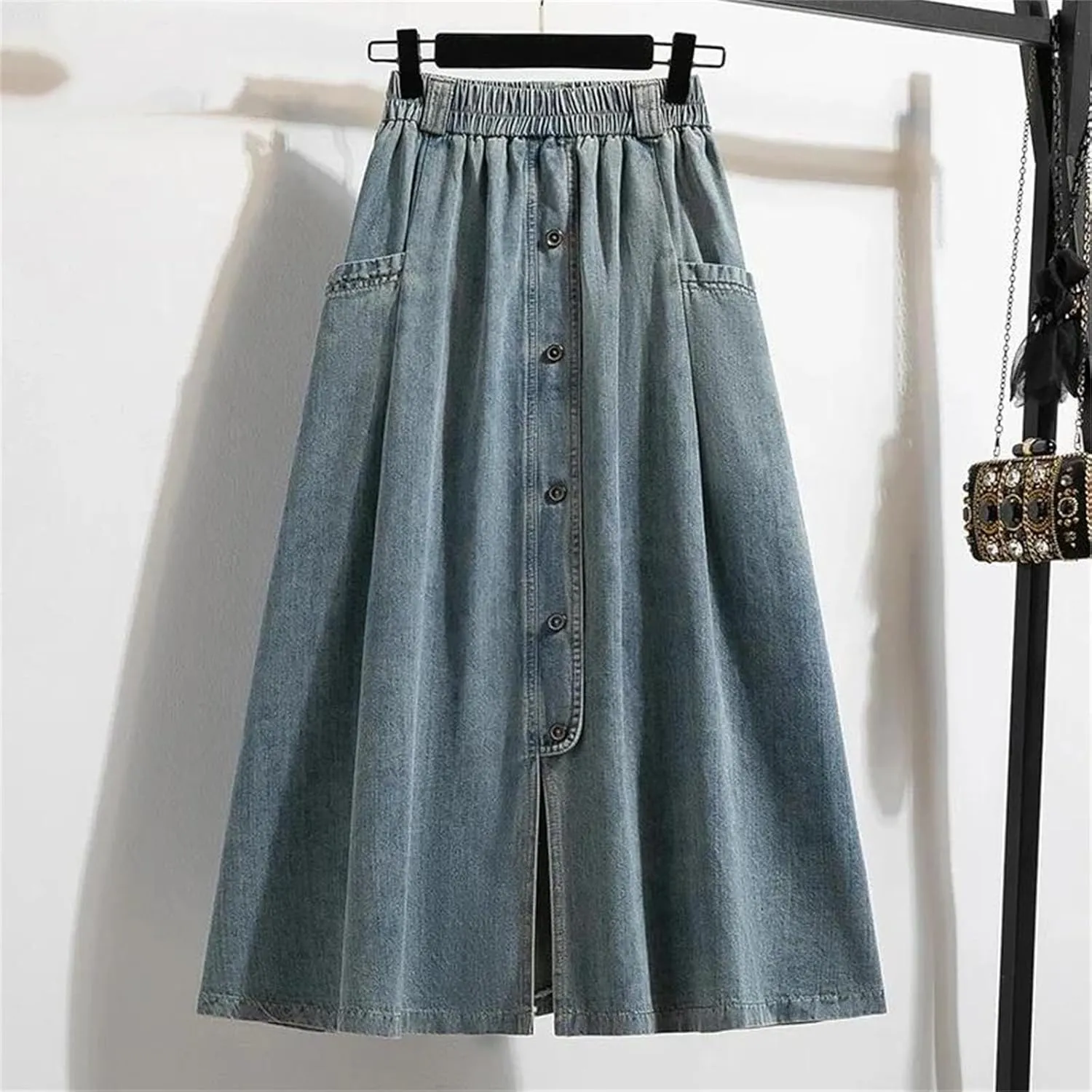 Casual A Line Loose Versatile Pocket Skirts Spring Summer Fashion Button Split Denim Skirt for Women