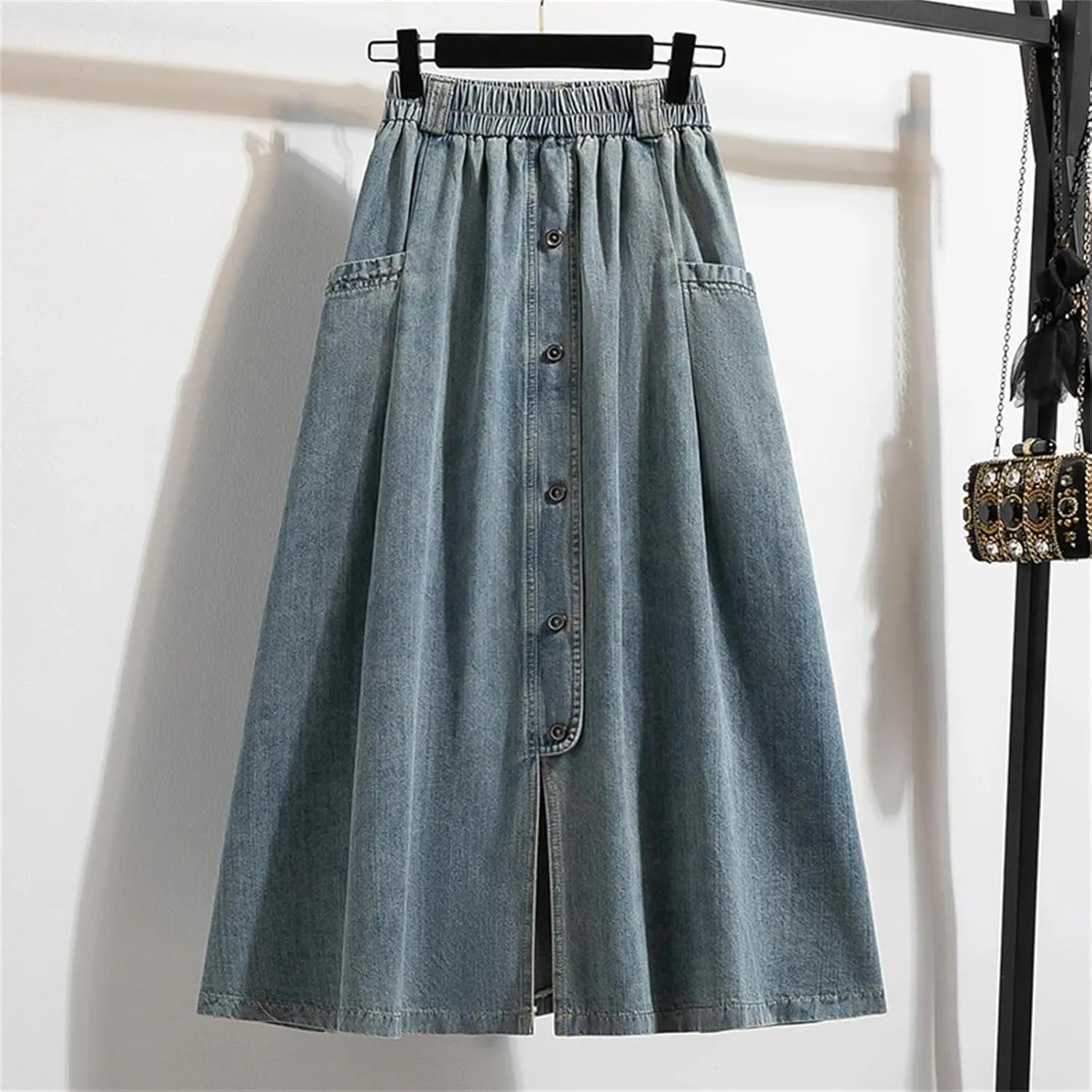 Casual A Line Loose Versatile Pocket Skirts Spring Summer Fashion Button Split Denim Skirt for Women