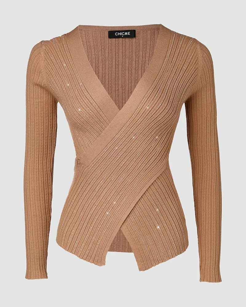 Chic Me Womens Knit Sweaters Long Sleeve Pullover Rhinestone Decor Criss Cross Knit Sweater