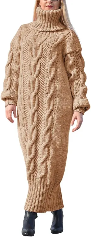 chouyatou Women's Chunky Turtleneck Sweater Dress Cable Knit Maxi Long Pullover Sweater Dress