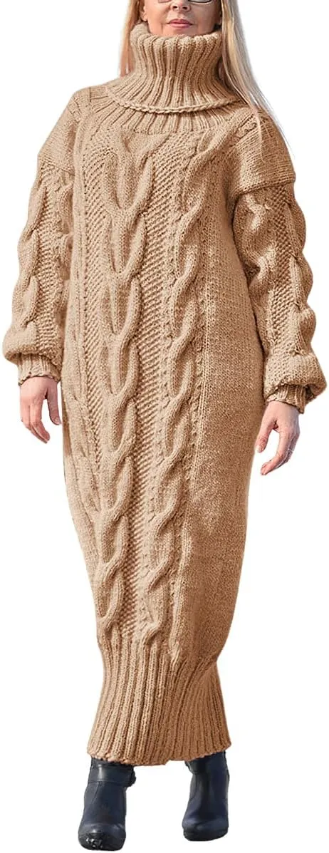 chouyatou Women's Chunky Turtleneck Sweater Dress Cable Knit Maxi Long Pullover Sweater Dress