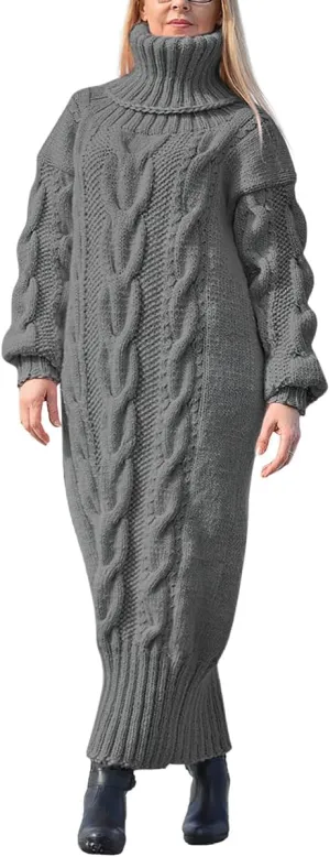 chouyatou Women's Chunky Turtleneck Sweater Dress Cable Knit Maxi Long Pullover Sweater Dress