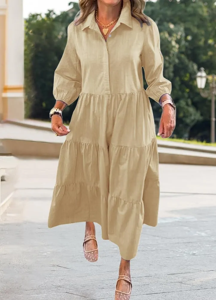 chouyatou Women's Loose Fit Puff Sleeve Maxi Tiered Babydoll Dress V-Neck Cotton Long Button Down Dress
