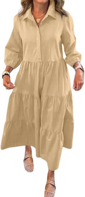 chouyatou Women's Loose Fit Puff Sleeve Maxi Tiered Babydoll Dress V-Neck Cotton Long Button Down Dress