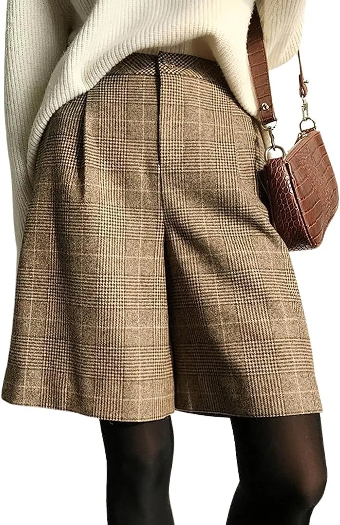 chouyatou Women's Vintage High Waisted Button Front Plaid Print Pleated Wool Loose Wide Leg Shorts