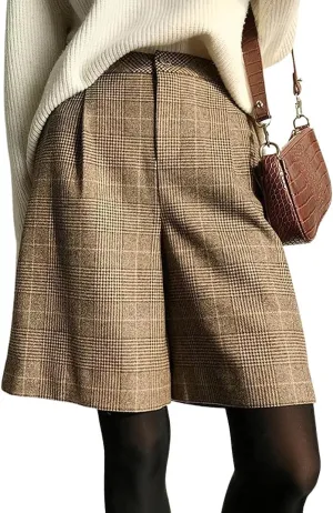chouyatou Women's Vintage High Waisted Button Front Plaid Print Pleated Wool Loose Wide Leg Shorts
