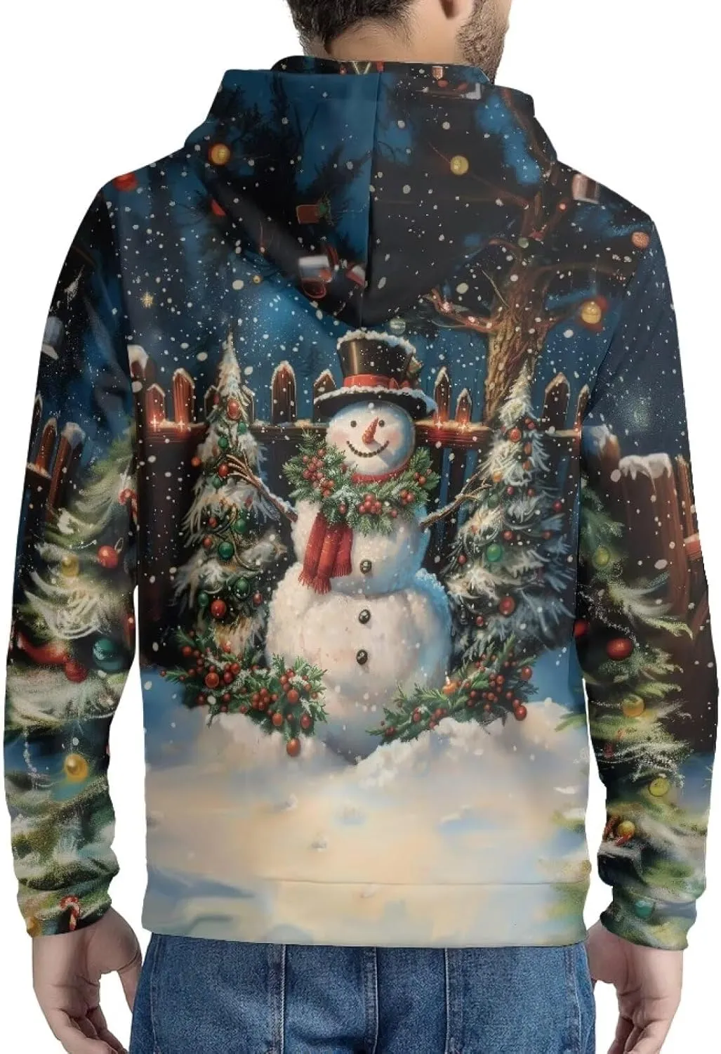 Christmas Men's Zip Up Hoodie Colourful Lights Christmas Snowman Casual Comfy Pullover Long Sleeve Sweatshirt