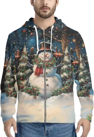 Christmas Men's Zip Up Hoodie Colourful Lights Christmas Snowman Casual Comfy Pullover Long Sleeve Sweatshirt