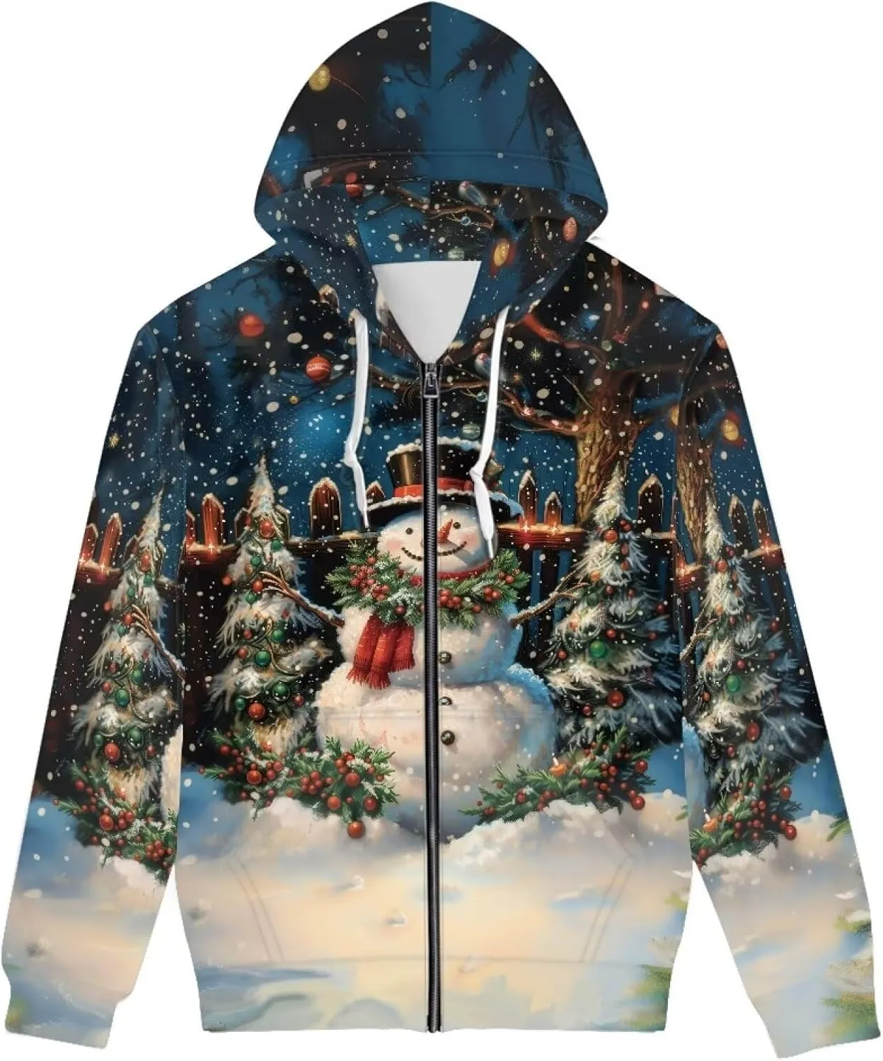 Christmas Men's Zip Up Hoodie Colourful Lights Christmas Snowman Casual Comfy Pullover Long Sleeve Sweatshirt