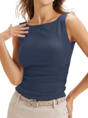 Cicy Bell Womens Boat Neck Tank Tops Summer Tight Ruched Sleeveless Shirts