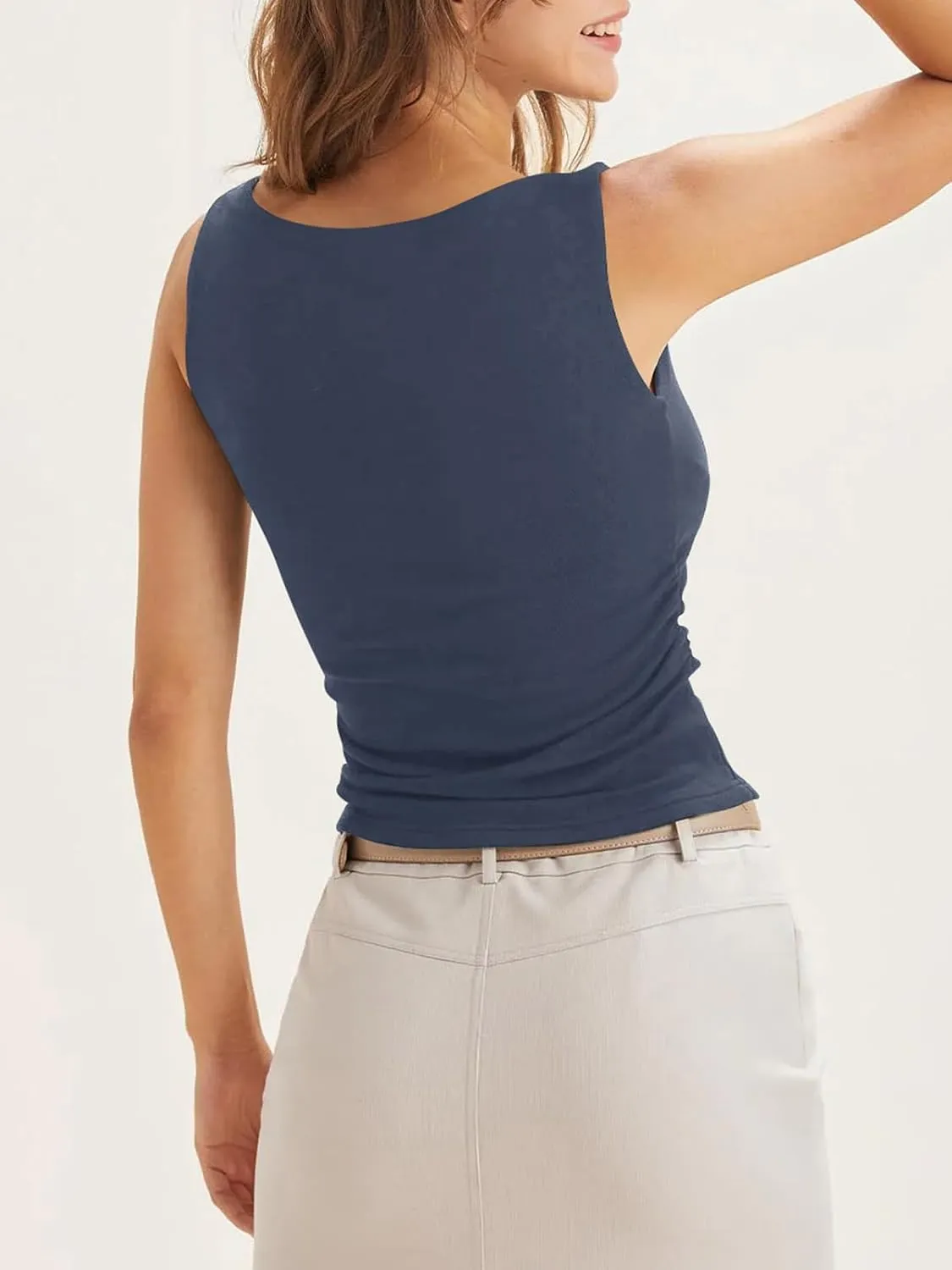 Cicy Bell Womens Boat Neck Tank Tops Summer Tight Ruched Sleeveless Shirts