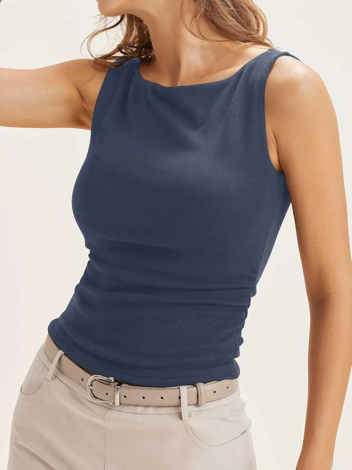 Cicy Bell Womens Boat Neck Tank Tops Summer Tight Ruched Sleeveless Shirts